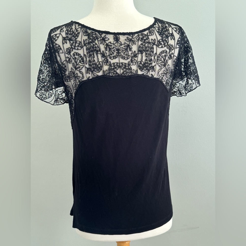 Polo Ralph Lauren Black Knit Lace Detail Short Sleeve Top Size Small